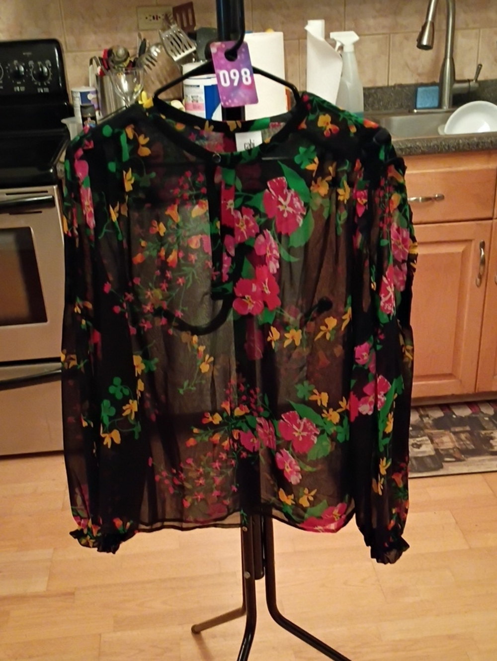 CAbi Black Sheer Blouse with Pink and Green Floral Print